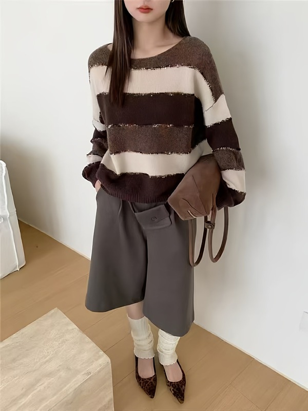 欧货重工条纹撞色羊毛衫女2025秋冬新款丝羊绒圆领宽松针织衫毛衣|undefined