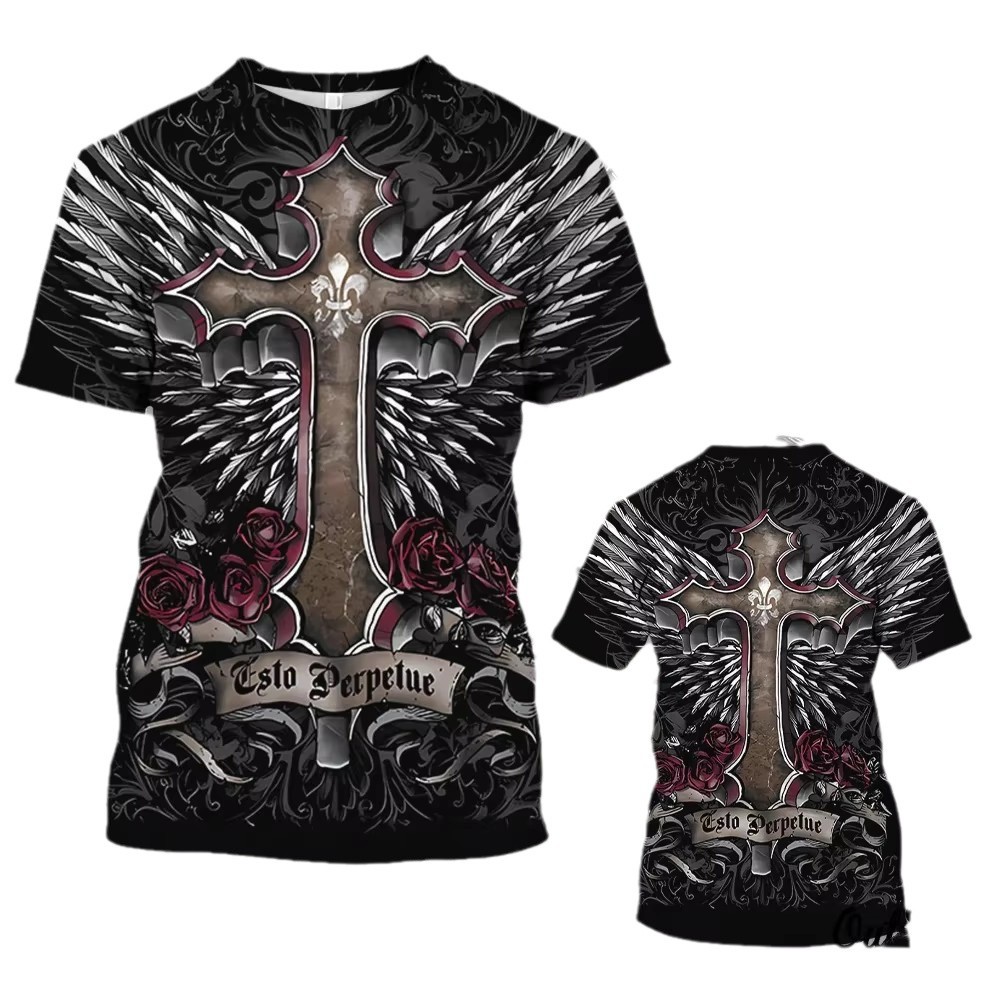 Salvator Cross Warrior 3D Print Spot Camiseta transpirable de hombro de manga corta con cuello redondo suelto casual para hombre