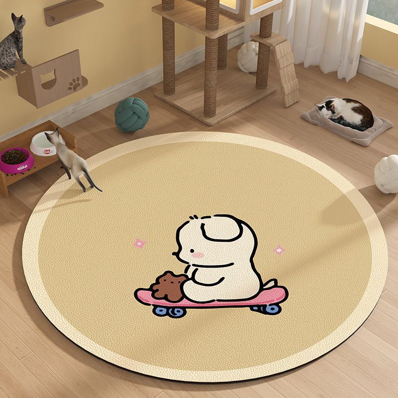 Cartoon-Style Simple Design Round Leather Pet Mat That Wipes Clean Easily, Waterproof and Urine-Proof Mat Specifically for Dogs and Cats