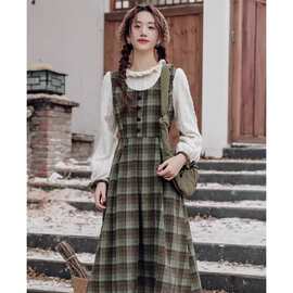 学院风假两件绿色格子连衣裙子秋冬季女装2025新款小个子穿搭长裙