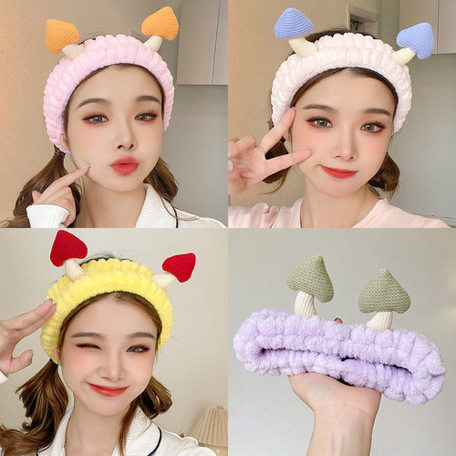 Korean-style high-end cute 3D mushroom hair tie wholesale hairband for girls, sweet beauty makeup washable hair tie