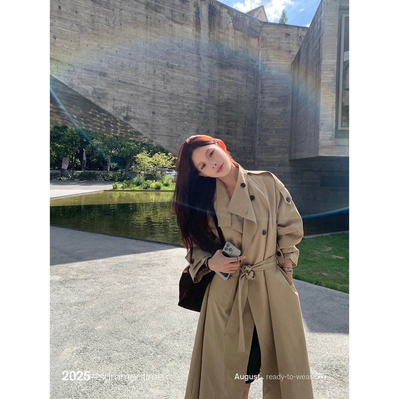 SUNONEONE经典廓形 卡其色收腰长款风衣外套女早秋韩系小个子大衣|undefined