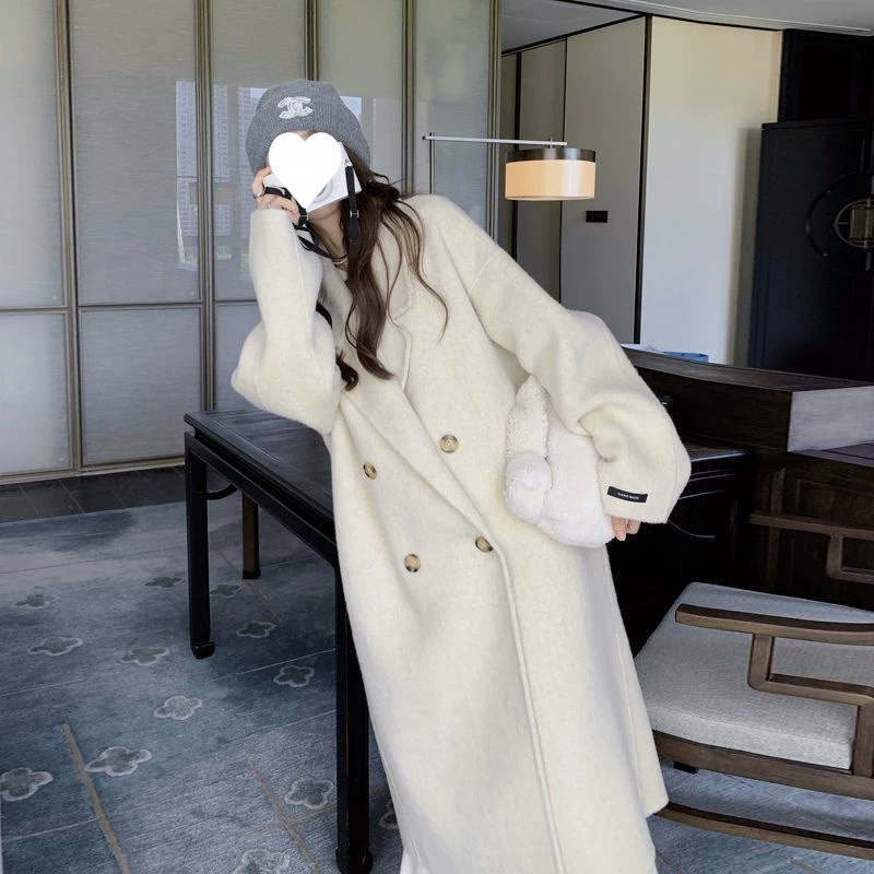Double-sided woolen demi-season long jacket, cashmere, Korean style, loose fit, mid-length, plus size