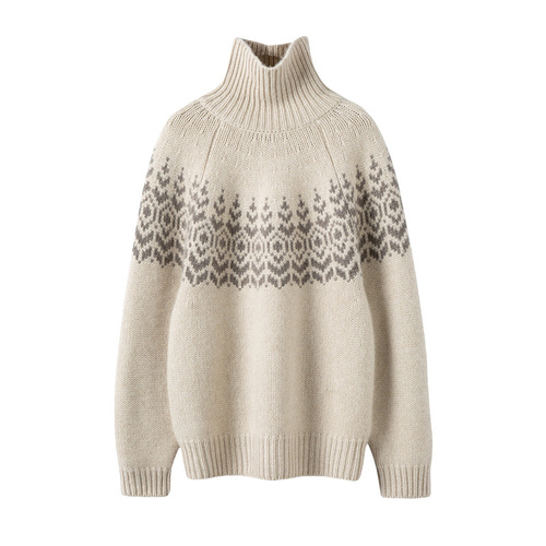 Women's High-End High-Neck Wool Sweater 100% Pure Wool Autumn/Winter New Embroidered Thick Warm Loose Knit Top
