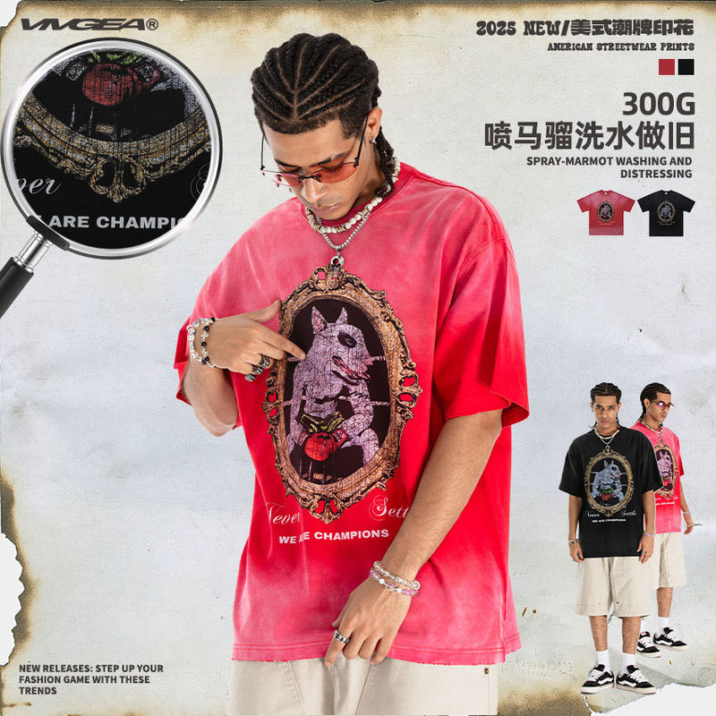 Vivgae Men's Clothing | 2025 Spring/Summer Original American Streetwear Trend Brand Dog Head Boxer Print Washed Vintage