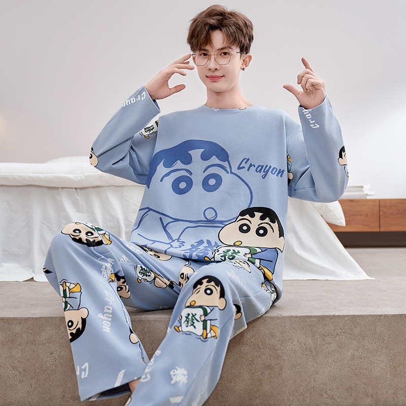 Men's Pajamas Spring and Autum Long-Sleeved Thin Cartoon Teenagers High School Junior High School Students Large Size Autum Home Clothes Set