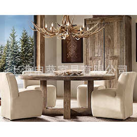 美式乡村复古简约轻奢餐桌实木圆形多人饭桌餐厅大户型别墅样板房