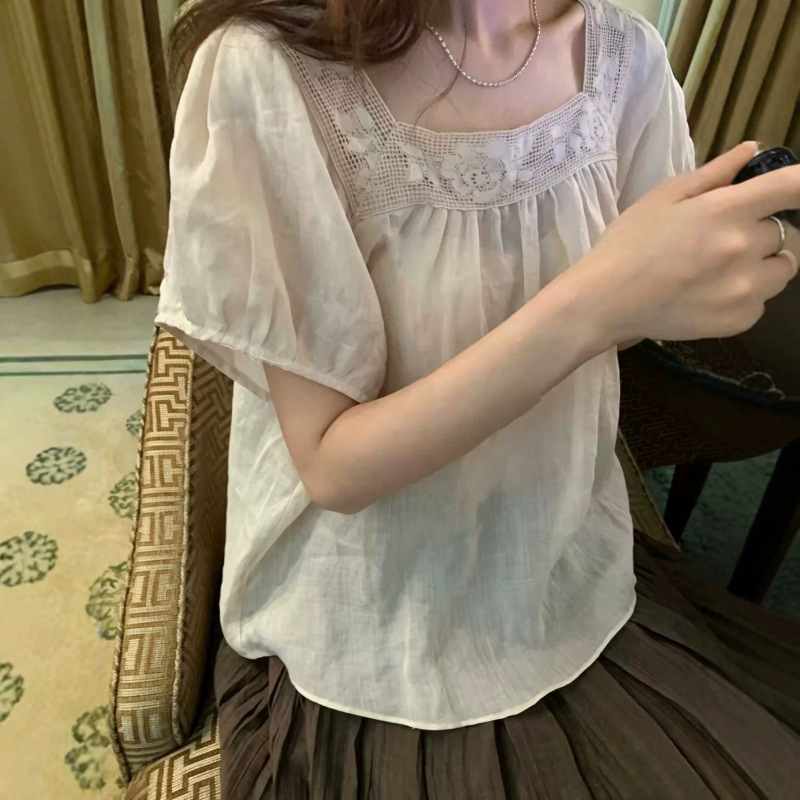 French-Style Ramie Short-Sleeve Shirt 2026 Artistic Gentle Style Lace Embroidery Turn-Down Collar Age-Reducing Versatile Top for Women French-Style Ramie Short-Sleeve Shirt 2026 Artistic Gentle Style Lace Embroidery Turn-Down Collar Age-Reducing Versatile Top for Women