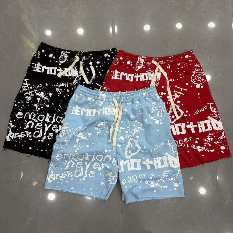 Mixed Emotion American Street Retro All-Over Letter Print Shorts Summer Loose Straight Casual Pants for Men and Women