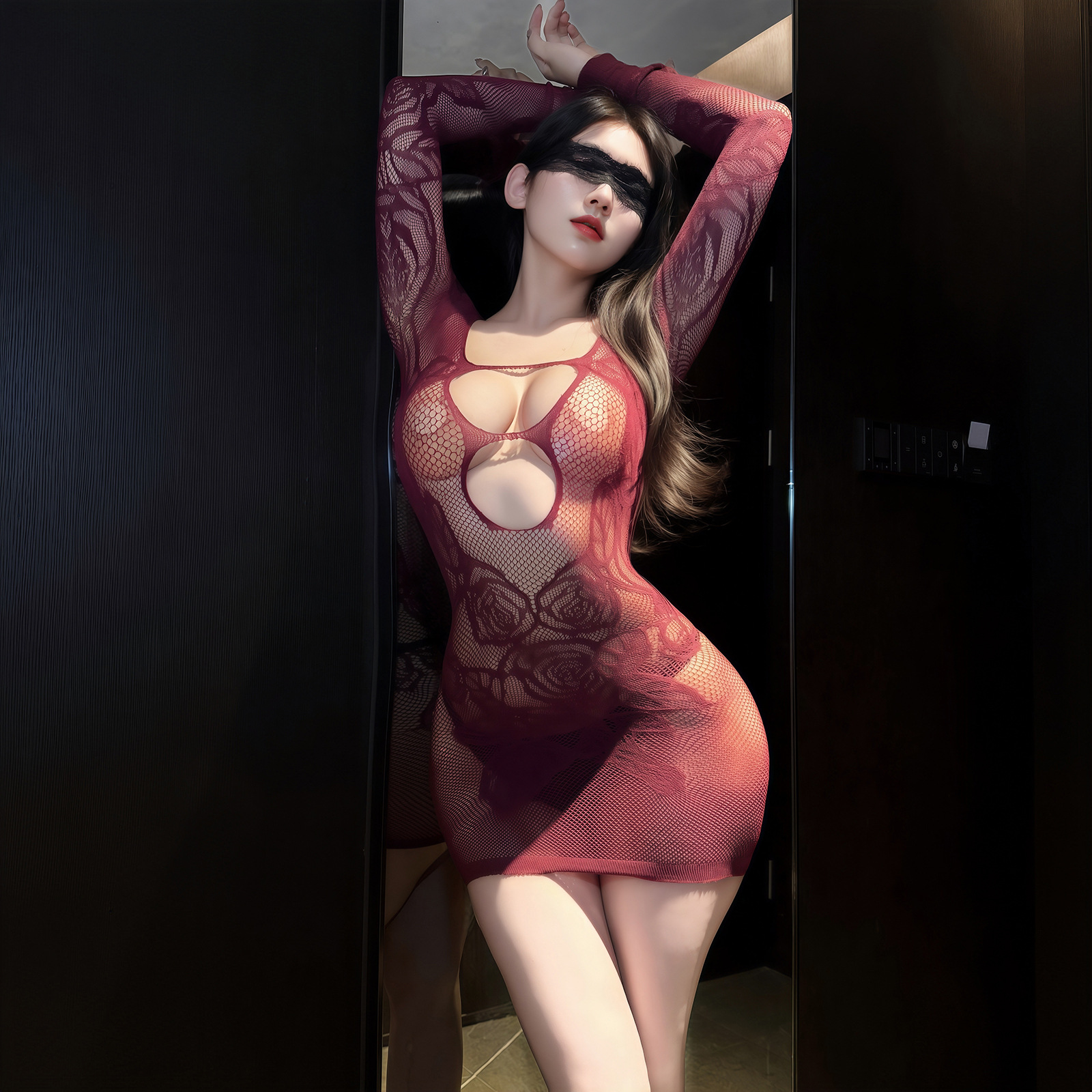 Sheer Mesh Open-Crotch Bodysuit with Stockings, No-Take-Off Design, Dark Purple — detail image 4