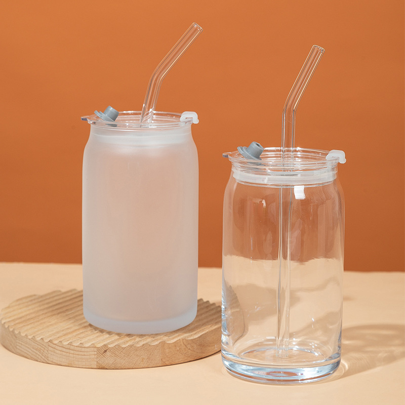 New plastic lid thick bottom transparent frosted glass cup kitchen sodium calcium glass bamboo lid Liebi cup 16oz glass straw cup