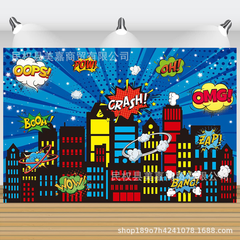 Hot Selling Cross-Border Blue City Hero Building Boy Birthday Background Cloth Celebration Party Photo Decoration Banner