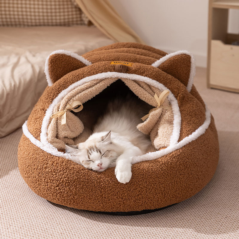秋冬毛绒宠物窝可爱猫耳保暖立体包围式柔软深睡狗窝猫窝宠物窝垫|undefined