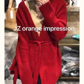 红色软糯毛衣女中长款2021秋装欧货洋气减龄系带针织羊毛开衫外套