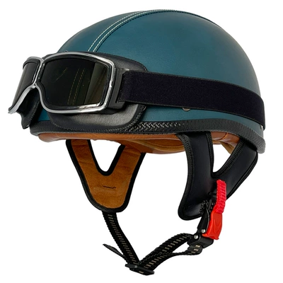 3C certification retro helmet men's, Motosiklet kaskı (dəbilqə) - blue-flat-leather-helmet-square-retro-mirror-m