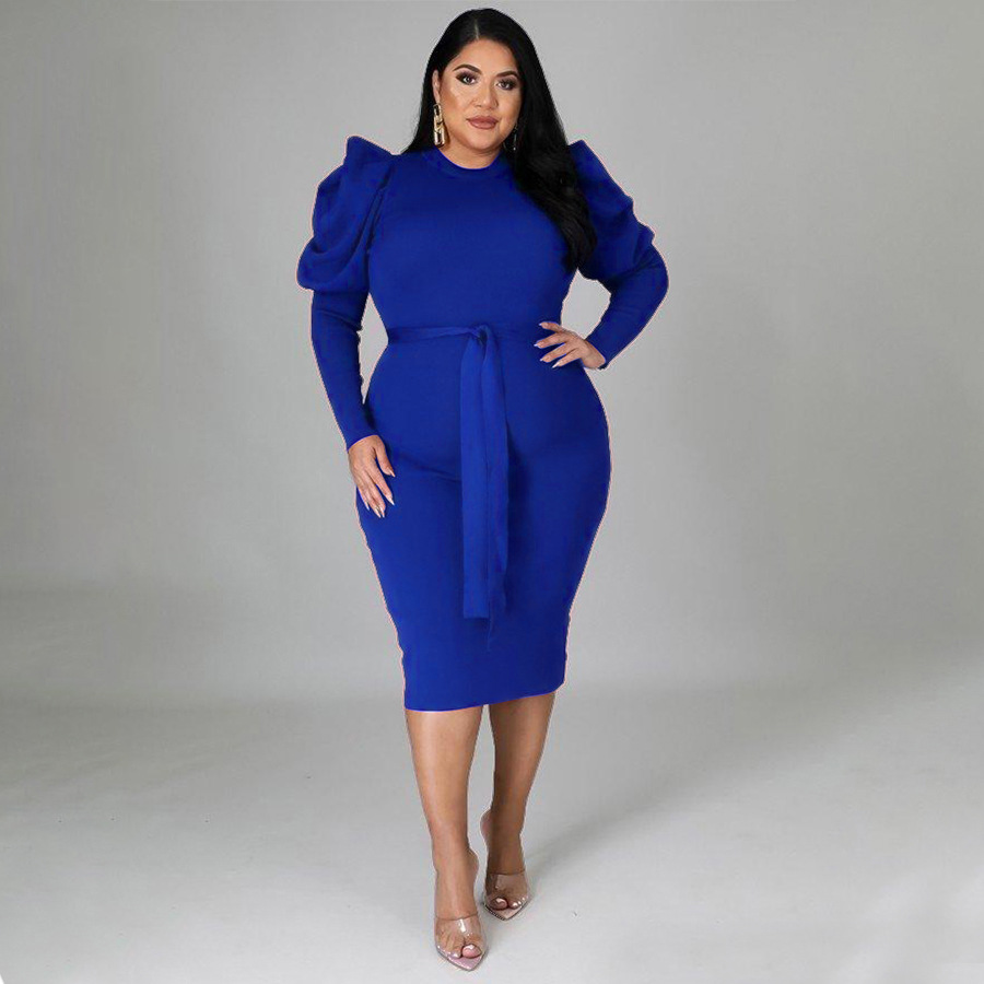 plus size solid color long-sleeved round neck belted slim dress NSLNW137051