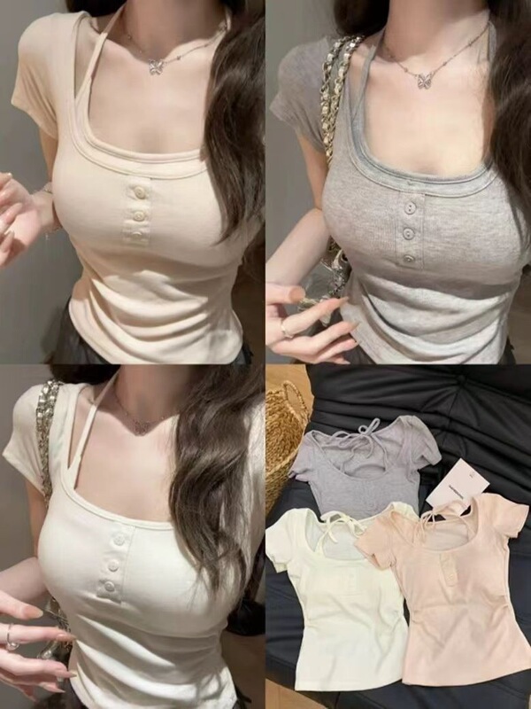 Pure Desire Gentle BM スタイル偽ツーピース半袖 T シャツ胸パッド付き女性の夏甘くてスパイシーなホルターネックレースアップスリムショートトップ|undefined