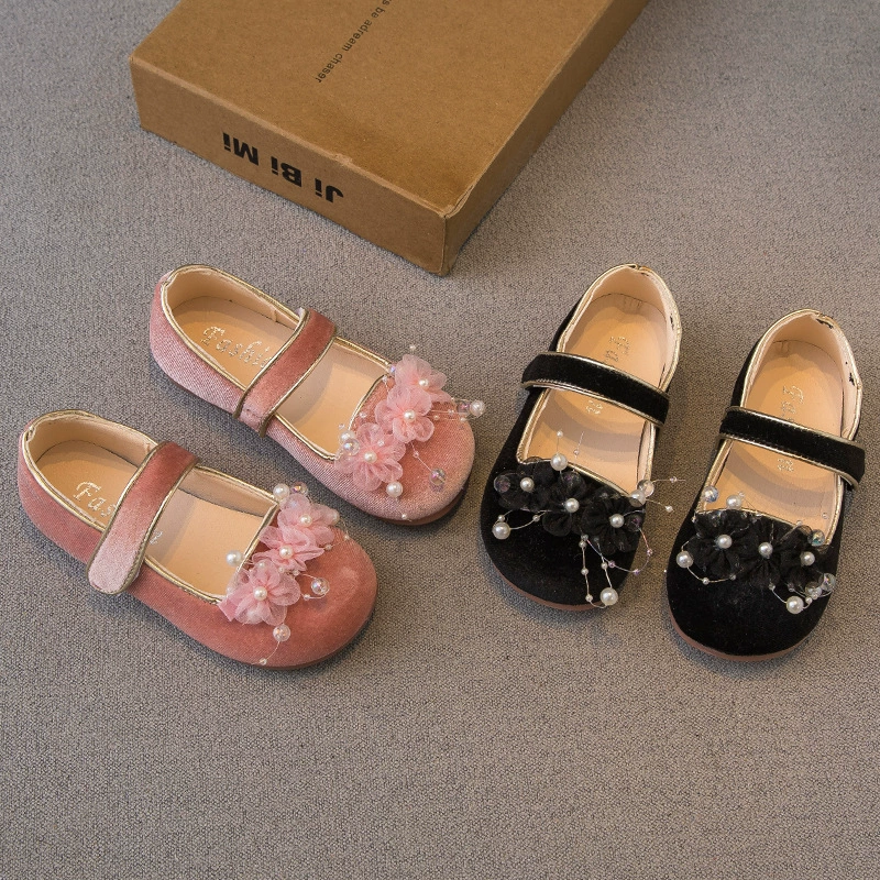 Для девочек Ханфу цветочная жемчужная обувь принцессы 2025 весна и осень новая детская мягкая подошва бархатная кожаная обувь студенческая одиночная обувь