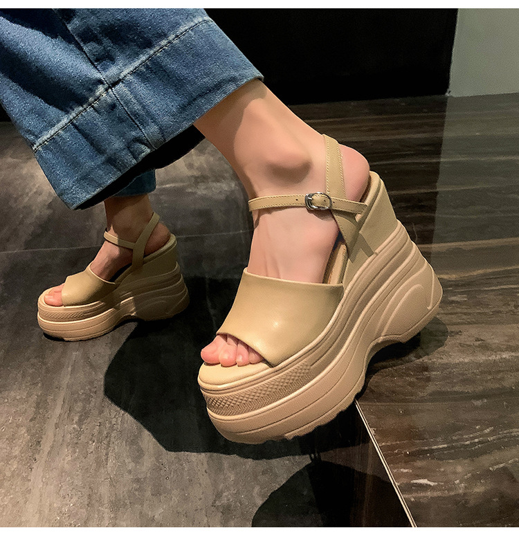 Sandal nữ đế dày da bò cao gót 14 cm phong cách La Mã — màu đen, màu trắng, màu mơ chi tiết 13