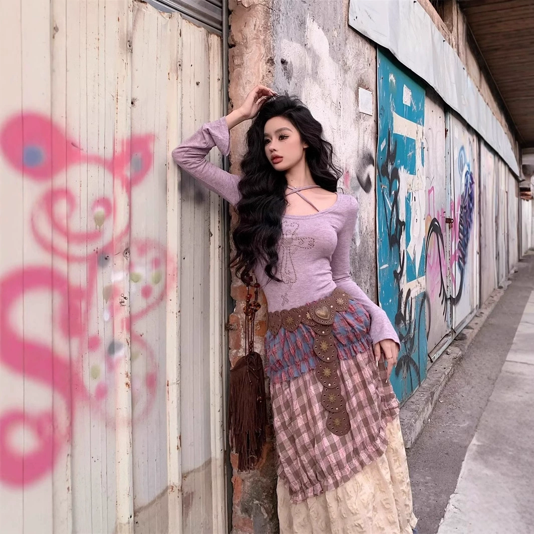 Богемная юбка в стиле бюстгона женская весенняя цветная клетчатая юбка