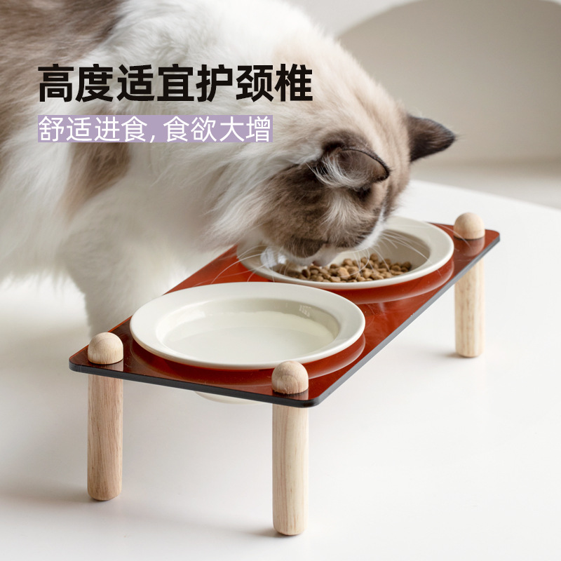 Cuenco de cerámica coreana para gatos, cuenco para mascotas, cuenco para sombreros de paja, pies altos, cuenco de comida para gatos anti-volcado, cuenco de agua para la columna cervical, cuenco doble, cuenco para perros