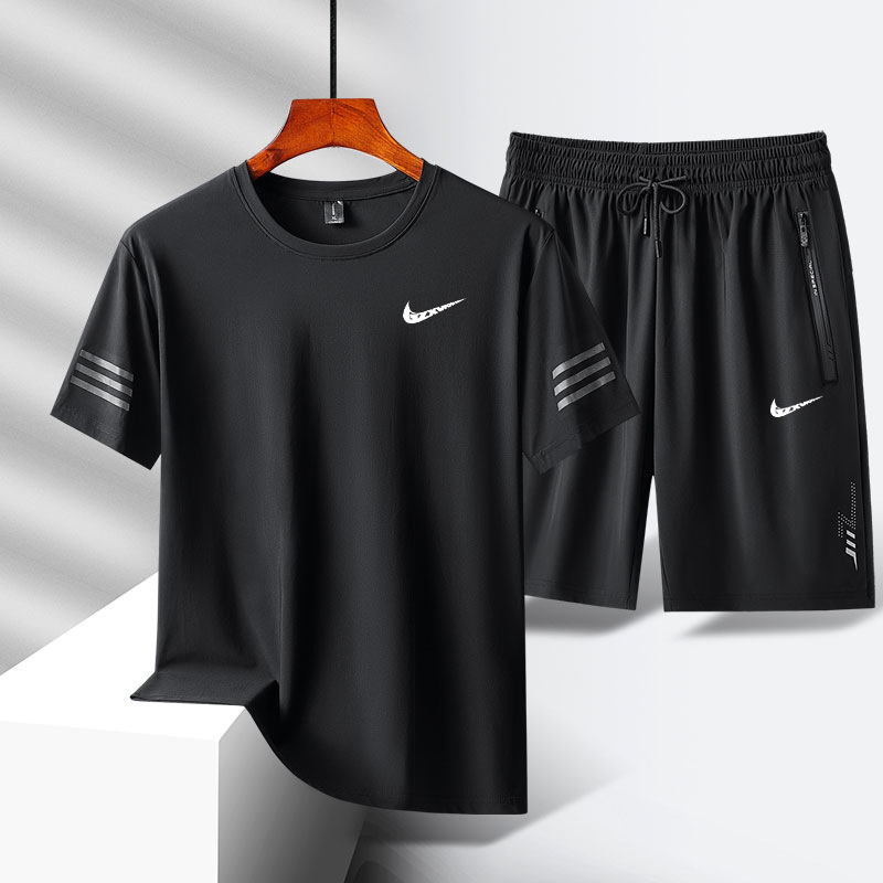 Casual sports suit men's summer running plus size fat fat summer ice silk short sleeve T-shirt shorts fashion