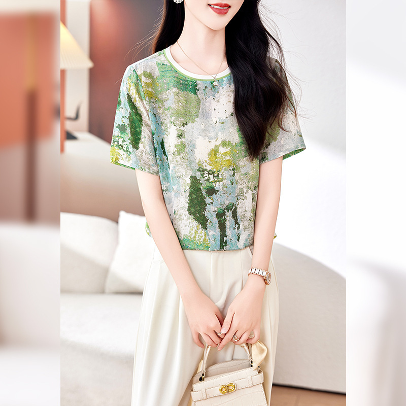 Hangzhou Double Crepe Silk Top Women's Short-Sleeved 2026 Summer New Fashion Printed Casual Versatile Mulberry Silk T-Shirt