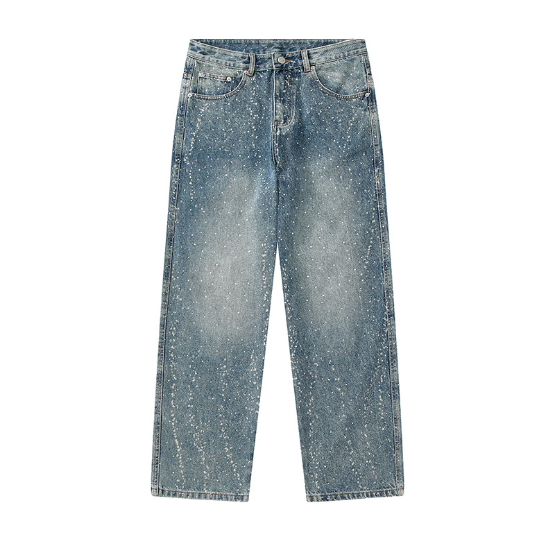 Men's High Street Distressed Jeans With Starry Rhinestone Embellishments - Relaxed Fit Straight Leg Denim Pants For Casual & Streetwear_mkmklike.com