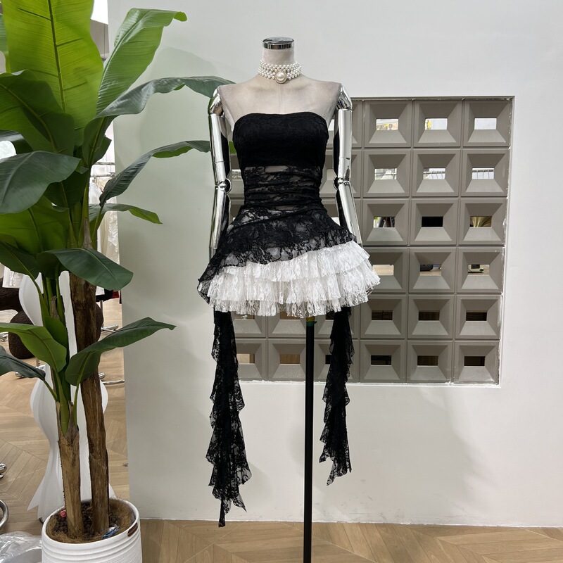American style chic pleated lace kelp ribbon tube top stretch slim top lace cake overskirt women American style chic pleated lace kelp ribbon tube top stretch slim top lace cake overskirt women