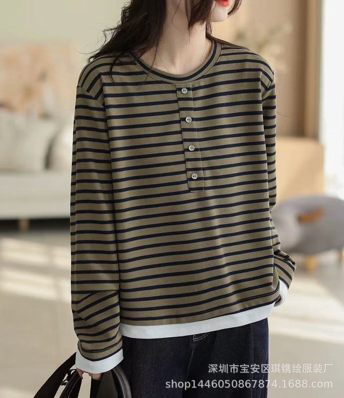 琪镌绘制秋季新款打底衫女条纹系扣半开领长袖T修身显瘦内搭上衣|undefined