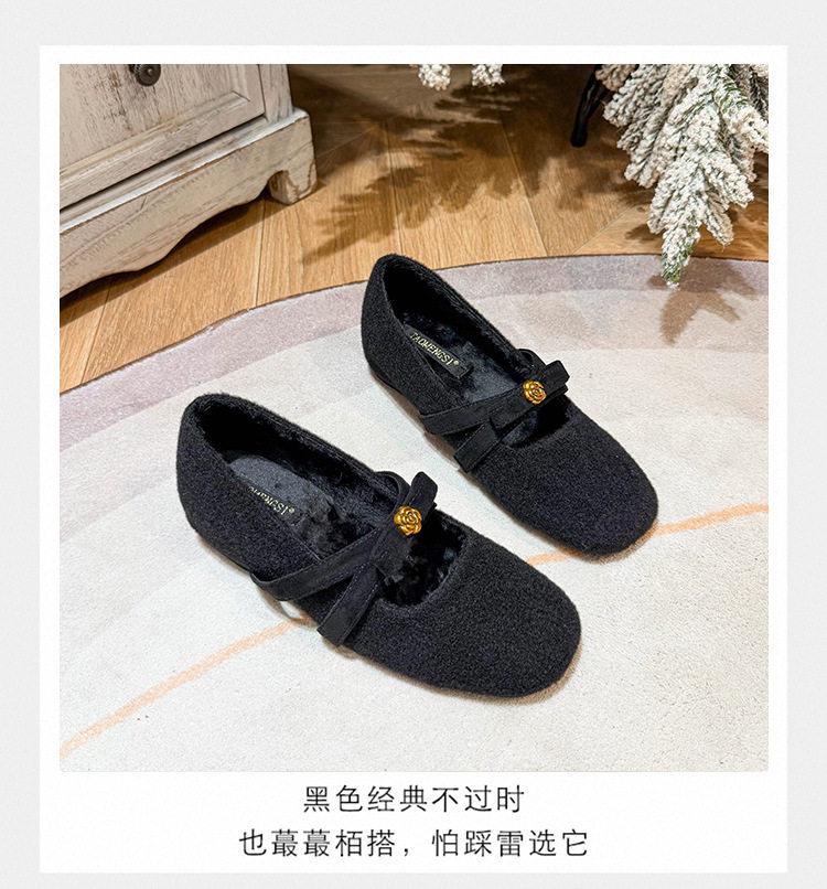 Giày Mary Jane nữ quai ngang nơ bướm, đế trong tăng chiều cao 4,5 cm, lót lông, mũi tròn — màu xám, màu đen, nâu sẫm chi tiết 9