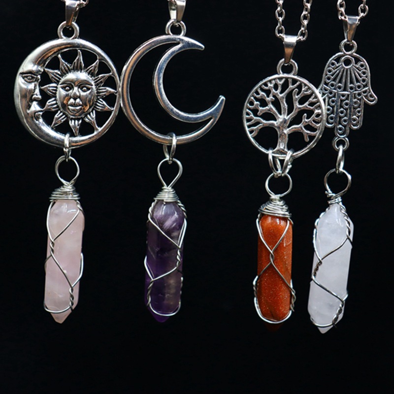 10g Weight Alloy, Natural Stone, Crystal Pendant Material Pendant Necklace Classification Alloy Chain Material cable chain Chain Type 1 Piece Quantity Holiday, Daily Occasion Alloy, natural stone, Crystal Material Sun, Moon, Tree Pattern Unisex Gender Polishing, Hollow Out Design Casual, Retro Style Casual Retro Sun Moon Tree Alloy Natural Stone Crystal Pendant Necklace In Bulk 4