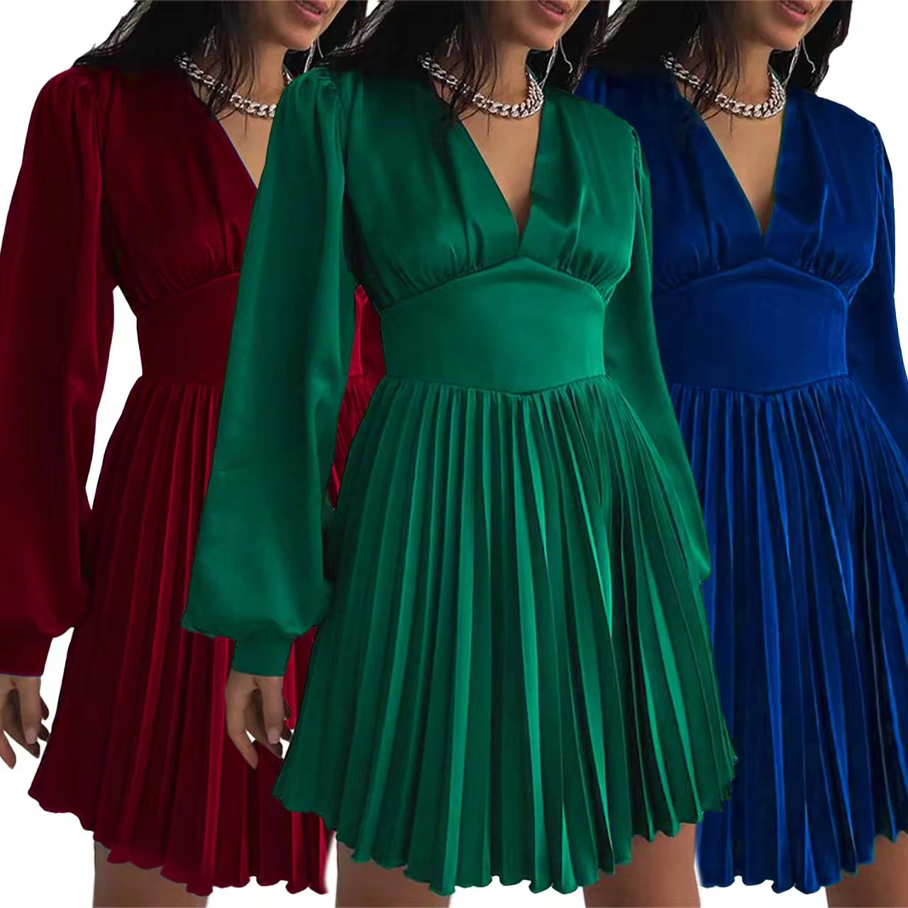 Женское платье для трансграничной торговли в европейском и американском стиле, длинное, с плиссировкой, из атласа, А-силуэт, с завышенной талией и элегантными рукавами-фонариками.