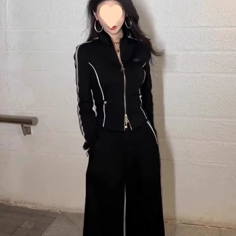 休闲运动服套装女高级感拼接立领长袖裤子显瘦气质两件套|undefined