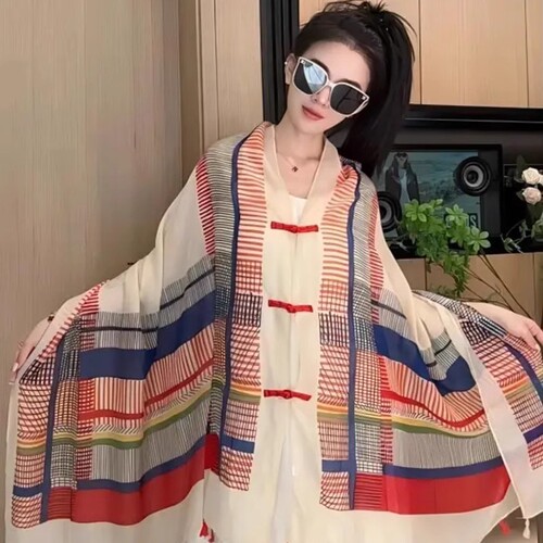 Summer Sun Protection Shawl for Women 2025 New Design with Button Fasteners Long Length Ethnic Style Travel Photography Thin Beach Silk Scarf Cloak
