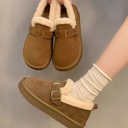 Winter New Women's Thick-Heeled Birkenstock Shoes with Fleece Lining, Non-Slip, Warm and Cozy Plush Cotton Shoes