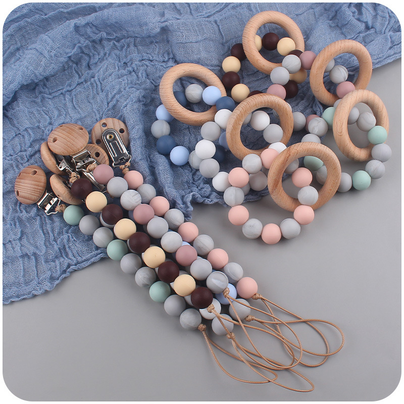 Nuevo bebé chupete cadena creativa DIY cuentas de silicona mordedura dientes pulsera de goma juguete conjunto de dos piezas