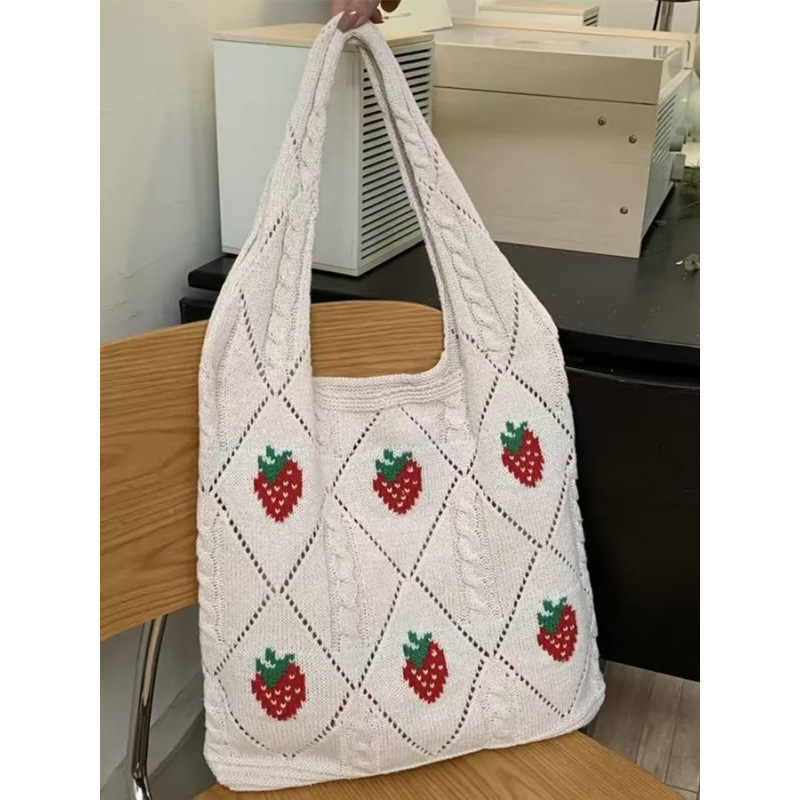2025 New Woven Tote Bag for Women, Large Capacity Strawberry Cherry Knit Shoulder Bag, Hollow-Out Vacation Style Handbag