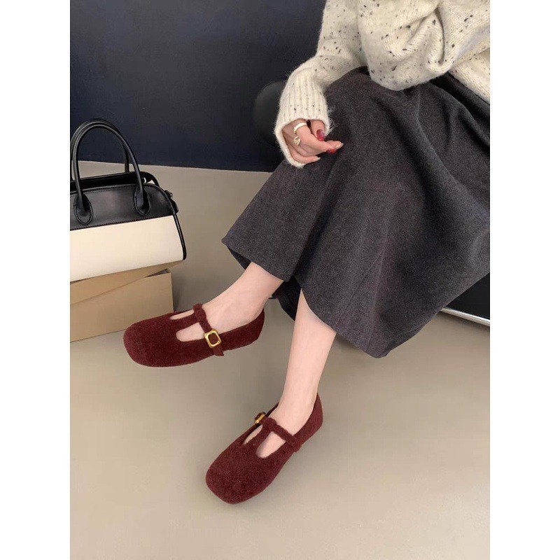 法式平底浅口单鞋复古玛丽珍毛毛鞋女2025秋季新款灰色豆豆鞋|undefined