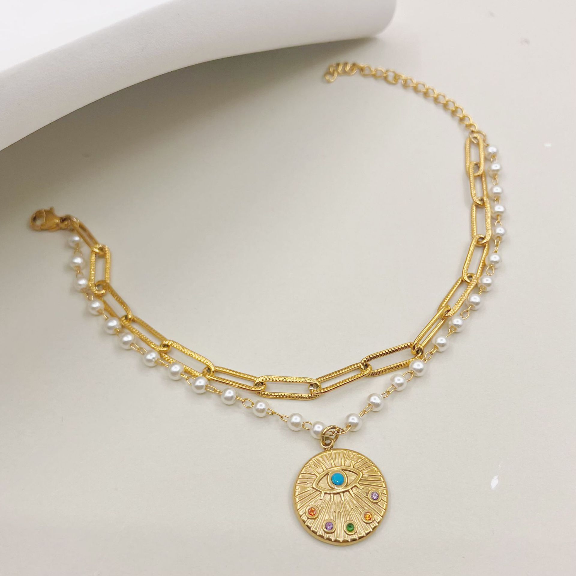 Fashion Devilu0027S Eye Stainless Steel Pearl Plating Inlay Zircon Bracelets 1 Piece