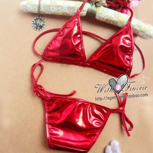 Sexy underwear foreign trade Europe and the United States sexy bikini patent leather three-point multi-color set silver wholesale 0214