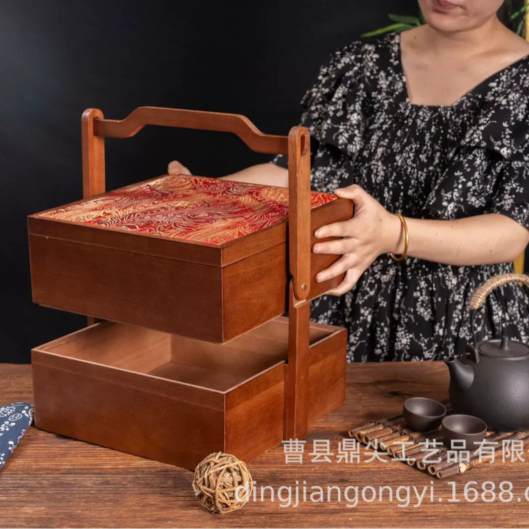 中式手提双层木质月饼盒空礼盒家用伴手礼木盒单层天地盖月饼木盒