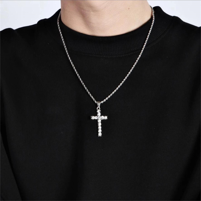 Trendy Full Diamond Cross Necklace Horse Thinking Same Style Zircon European and American Hip Hop Trendy Personalized Titanium Steel Necklace for Men and Women Trendy Full Diamond Cross Necklace Horse Thinking Same Style Zircon European and American Hip Hop Trendy Personalized Titanium Steel Necklace for Men and Women