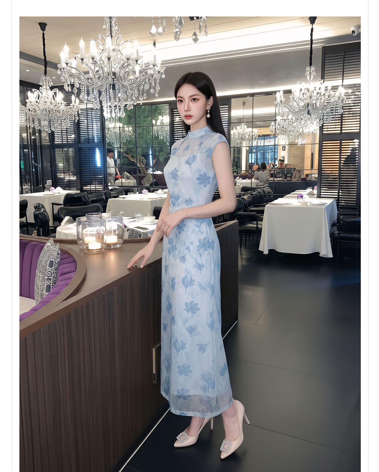 Đầm maxi nữ thắt eo phong cách tân cổ điển, chất liệu nhung tăm, thiết kế cổ yếm kết hợp ren, tay lỡ, dáng suông nhẹ, phù hợp mùa xuân hè — xanh lam chi tiết 11