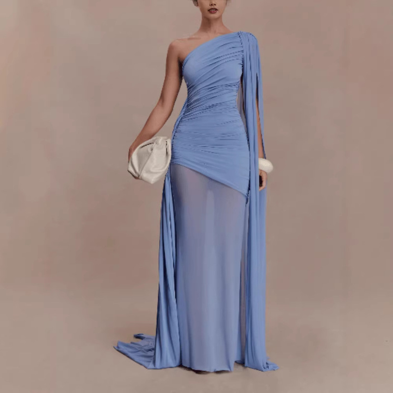 Amazon Cross-Border European and American Foreign Trade Women's New Style Mesh Patchwork One-Shoulder Cape Slim-Fit Party Dress Amazon Cross-Border European and American Foreign Trade Women's New Style Mesh Patchwork One-Shoulder Cape Slim-Fit Party Dress