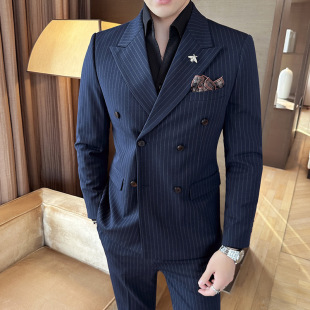 New Gun-neck Double-breasted Suit Groom Dress suit Men's Three-piece Striped Casual Business Suit for Sale