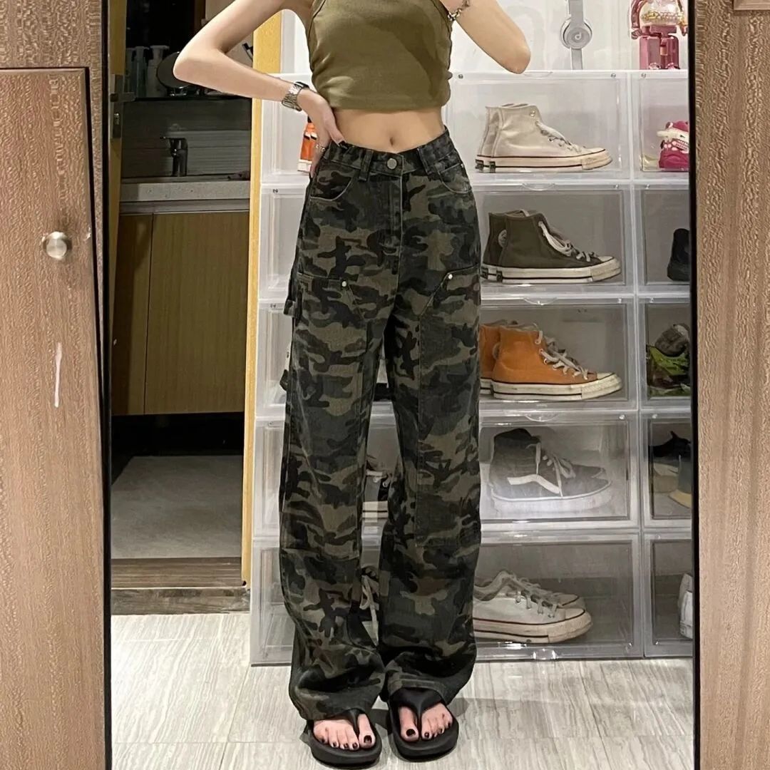 Army green camouflage jeans women's autu...
