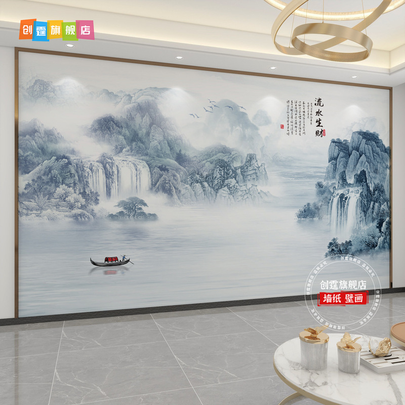千里江山图电视背景墙壁布客厅新款中式壁纸3d立体壁画影视墙|undefined