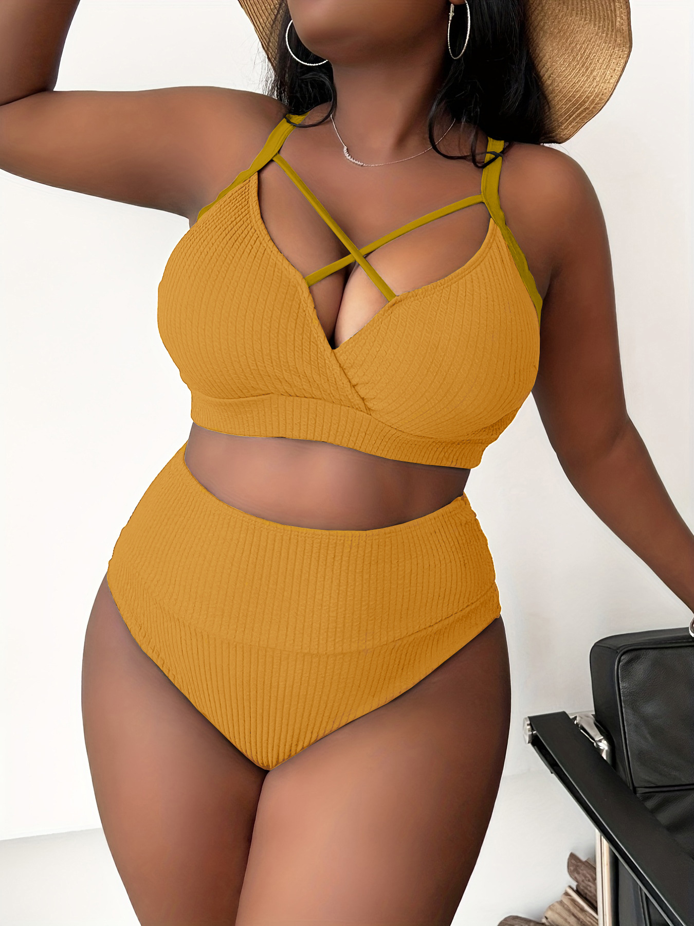 New European And American Foreign Trade Sexy Solid Color High-Waisted Bikini Swimsuit For Plus-Size Women P005_ecoleips.com