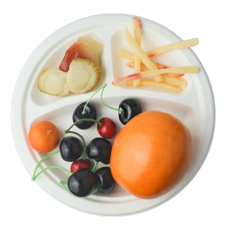 Thickened Sugarcane Pulp Paper Plates for Commercial Use, Food-Grade, Suitable for Canteens, Takeaway Packaging, Compostable, Biodegradable, Three-Compartment Plates